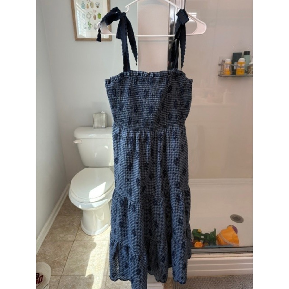 Daniel Rainn Dress Women's L Navy Blue Gingham Smocked Embroidered Tiered Midi